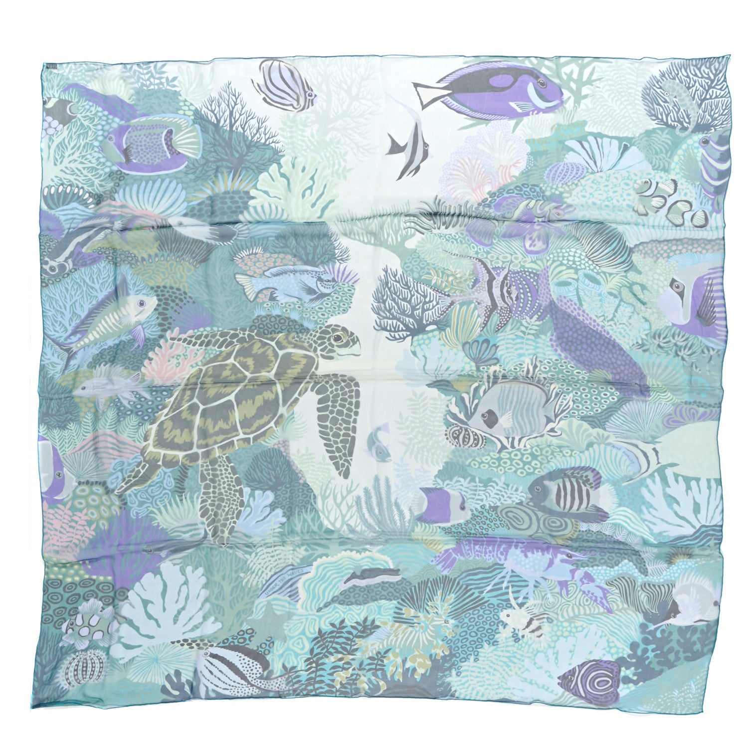 Hermes Silk Mousseline Under The Waves Shawl 140 Aqua Turquoise Violet 1 of 4