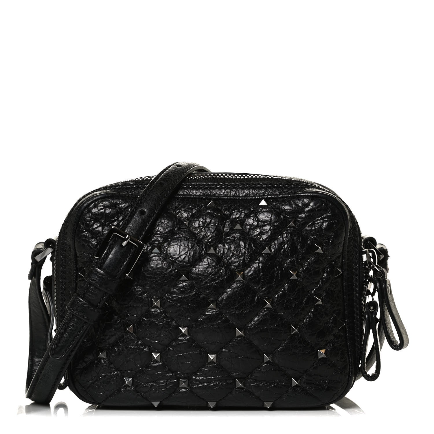 Valentino Garavani Craquele Nappa Rockstud Spike Double Zip Camera Crossbody Bag Black 1 of 12