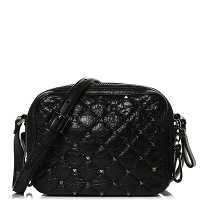 Valentino Garavani Craquele Nappa Rockstud Spike Double Zip Camera Crossbody Bag Black 1 of 12