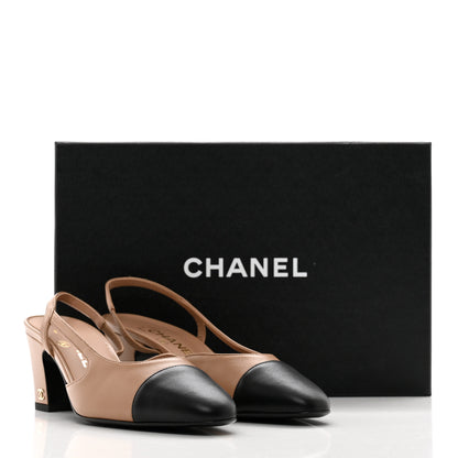 Chanel Goatskin Grosgrain Cap Toe CC Slingback Pumps 37 Beige Black 9 of 9