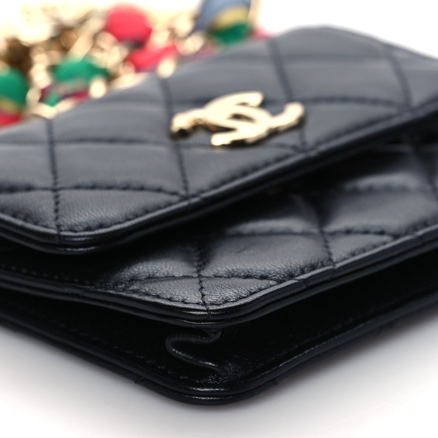 Shiny Lambskin Ribbon Quilted Flap Belt Bag Black