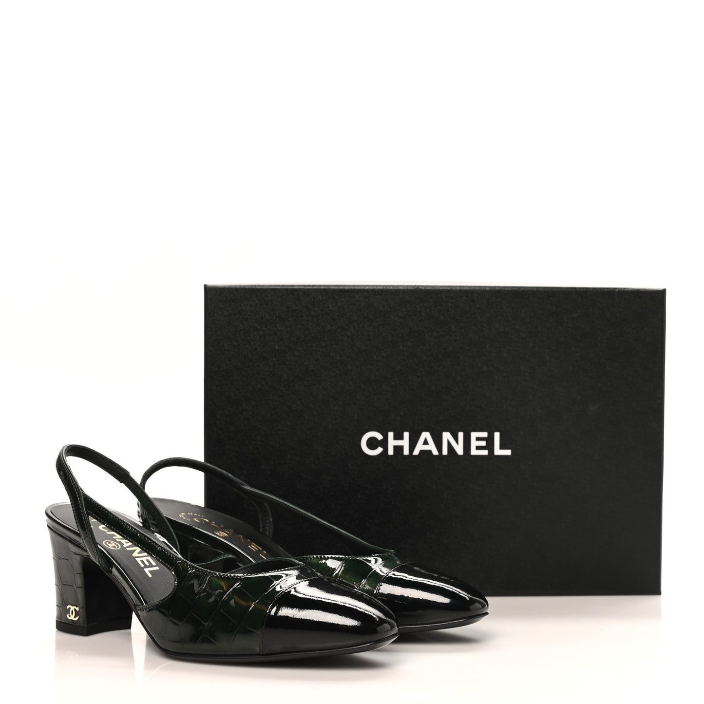 Patent Calfskin Crocodile Embossed Cap Toe CC Slingback Pumps 36.5 Dark Green Black