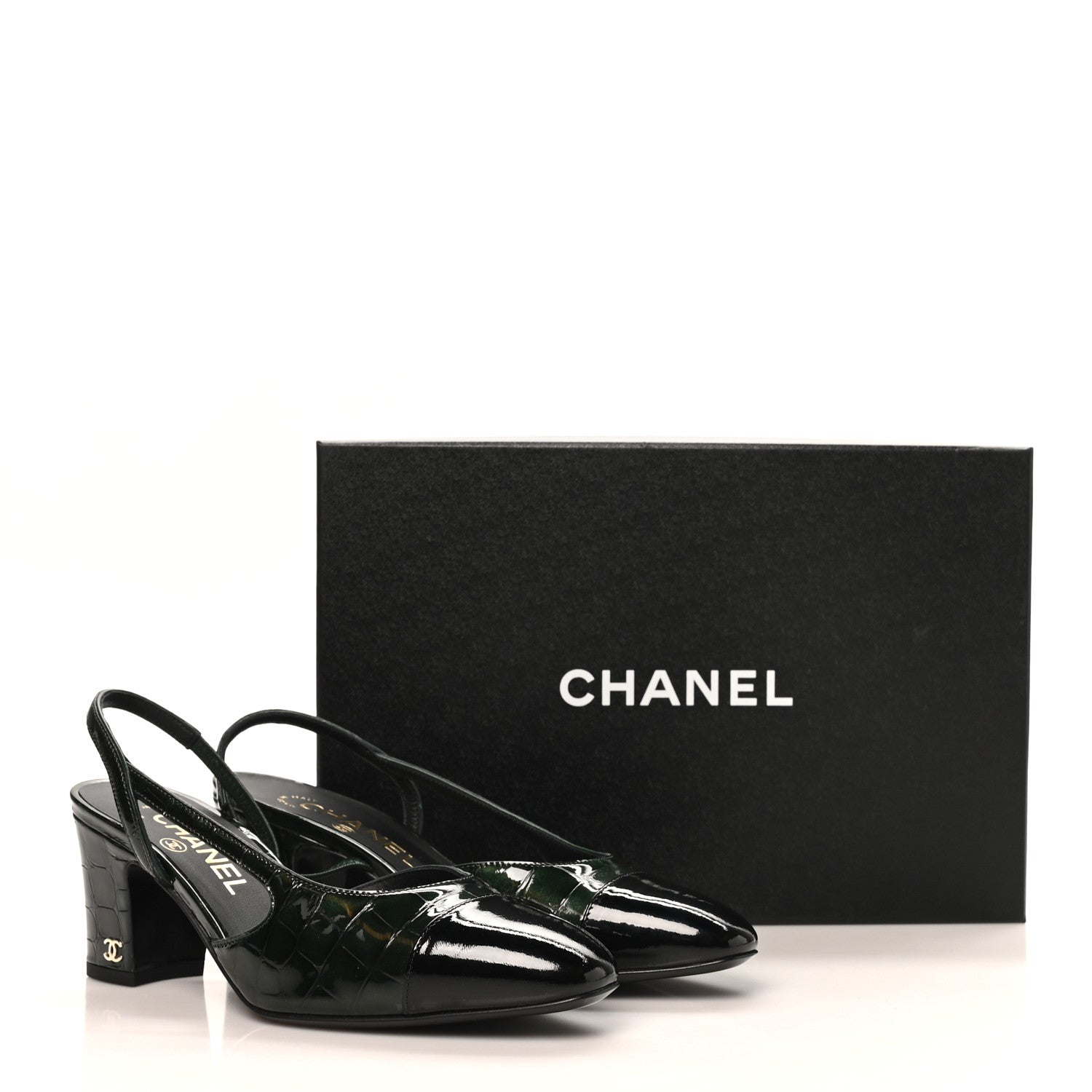 Chanel Patent Calfskin Crocodile Embossed Cap Toe CC Slingback Pumps 36.5 Dark Green Black 10 of 10