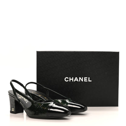 Chanel Patent Calfskin Crocodile Embossed Cap Toe CC Slingback Pumps 36.5 Dark Green Black 10 of 10
