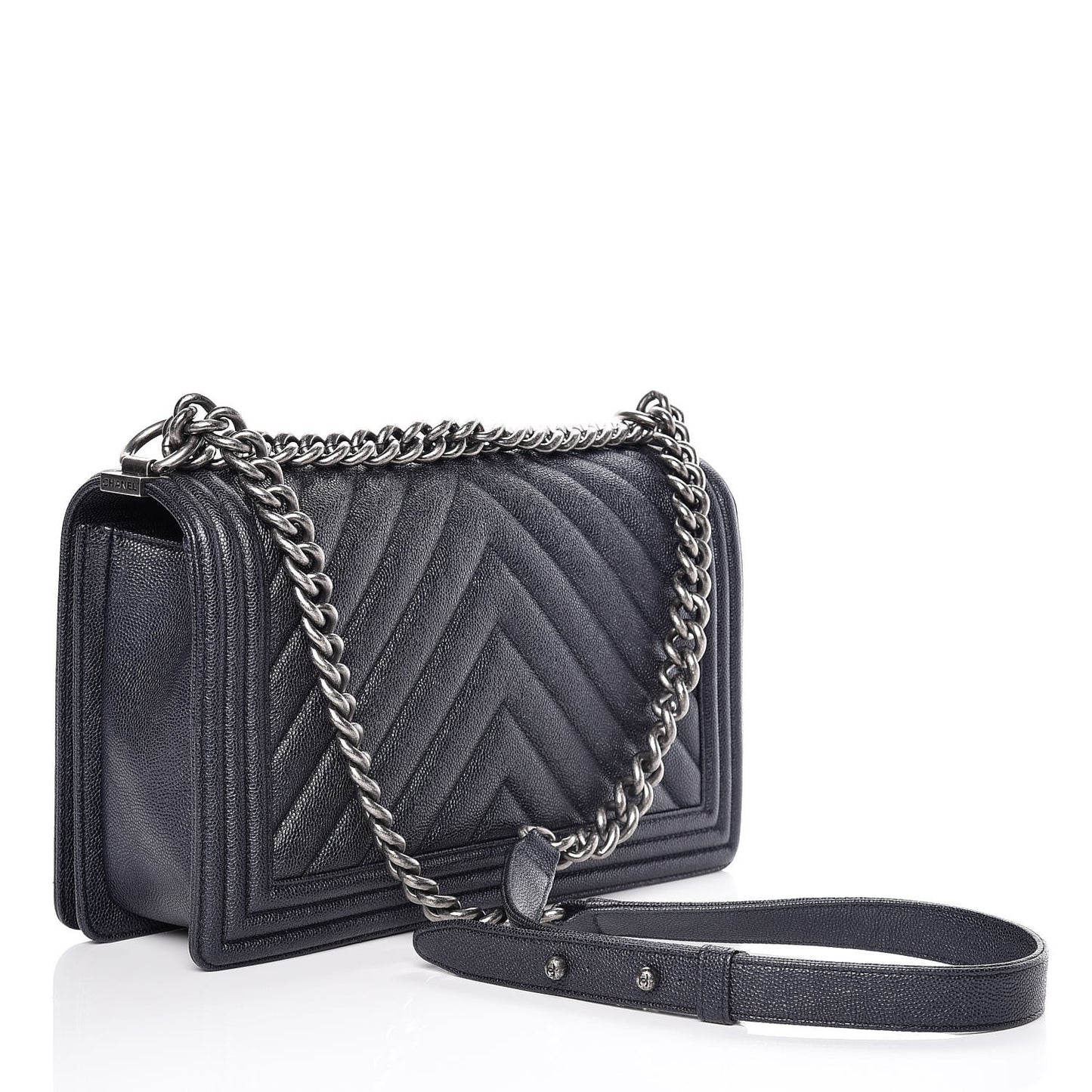 Metallic Caviar Quilted Chevron New Medium Boy Flap Navy