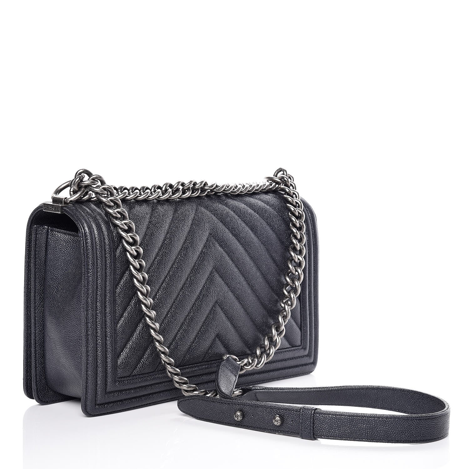 Chanel Metallic Caviar Quilted Chevron New Medium Boy Flap Navy 4 of 13