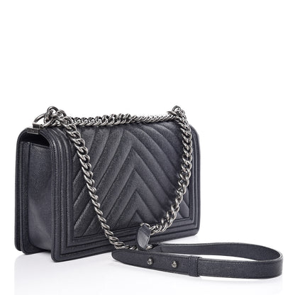 Chanel Metallic Caviar Quilted Chevron New Medium Boy Flap Navy 4 of 13