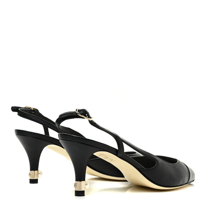 Chanel Lambskin Pearl Cap Toe CC Slingback Pumps 37.5 Black 4 of 9