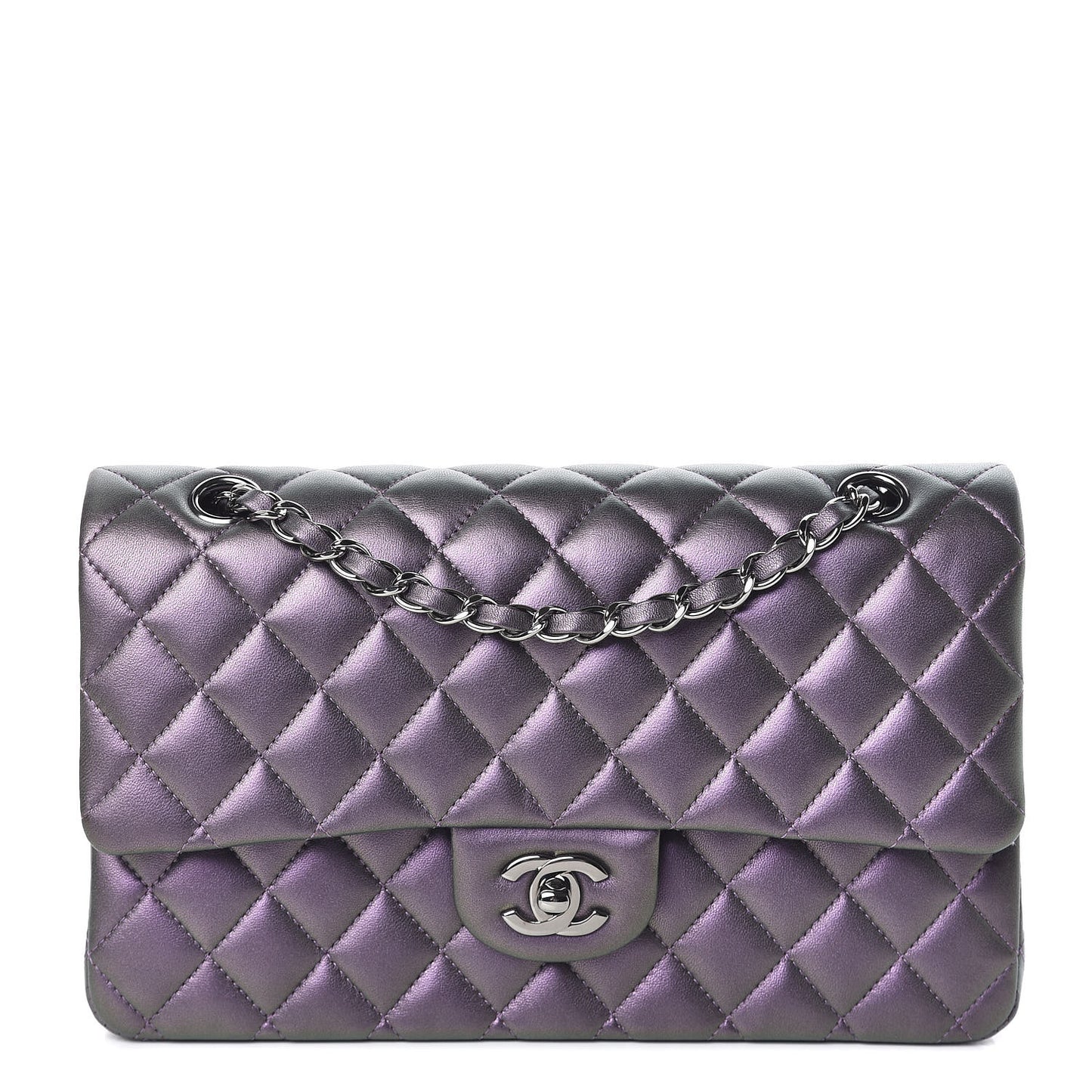 Iridescent Lambskin Quilted Medium Double Flap Dark Purple