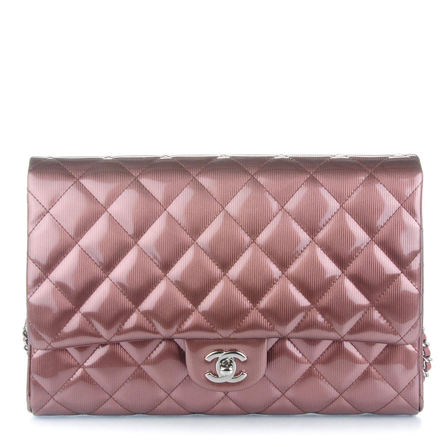 Striated Patent Quilted Clutch With Chain Flap Dark Pink