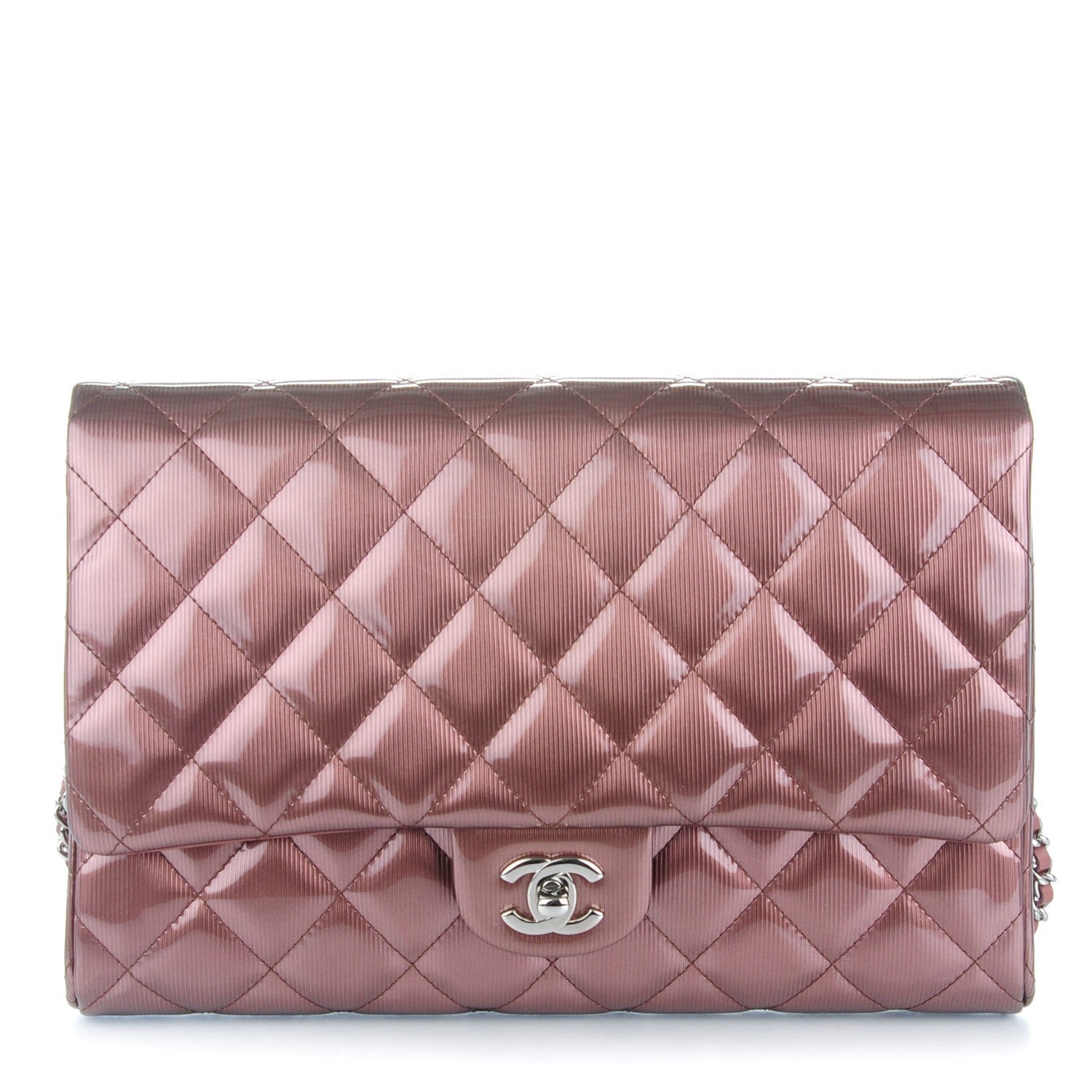 Chanel Striated Patent Quilted Clutch With Chain Flap Dark Pink 1 of 8