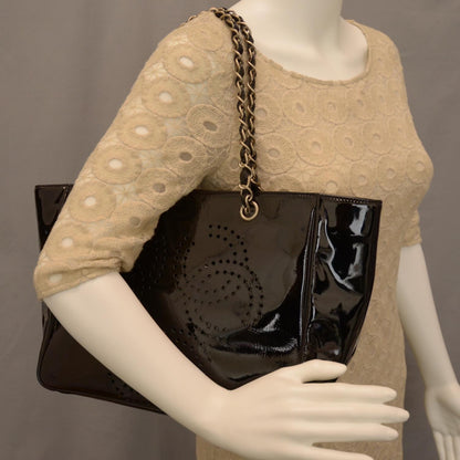 Chanel Patent Perforated CC Shopping Tote Black 2 of 9