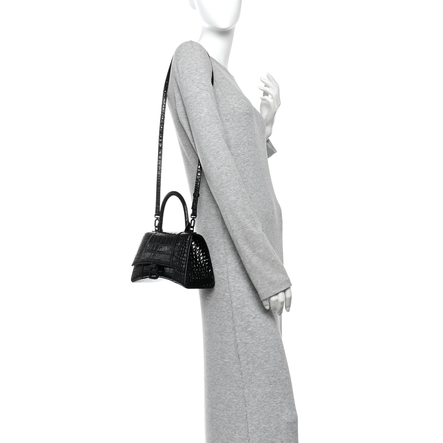 Balenciaga Shiny Calfskin Monochrome Crocodile Embossed Small Hourglass Top Handle Bag Black 2 of 11