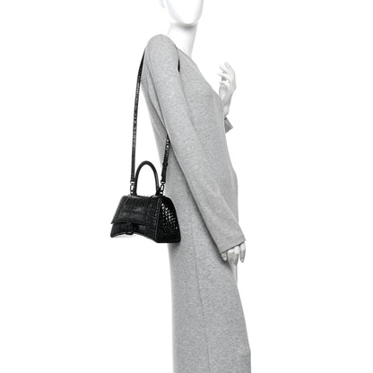 Balenciaga Shiny Calfskin Monochrome Crocodile Embossed Small Hourglass Top Handle Bag Black 2 of 11
