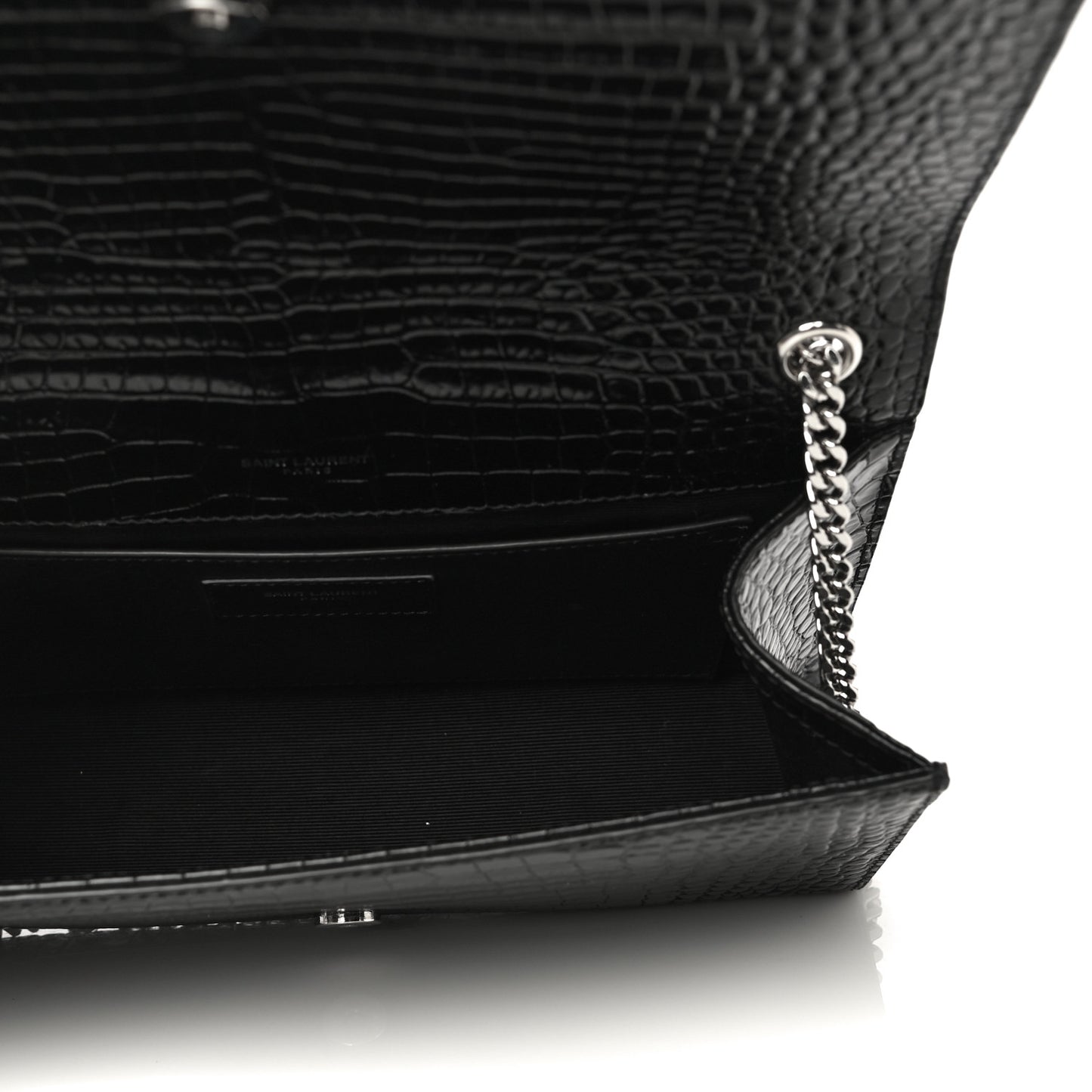 Calfskin Crocodile Embossed Medium Classic Monogram Kate Tassel Satchel Black