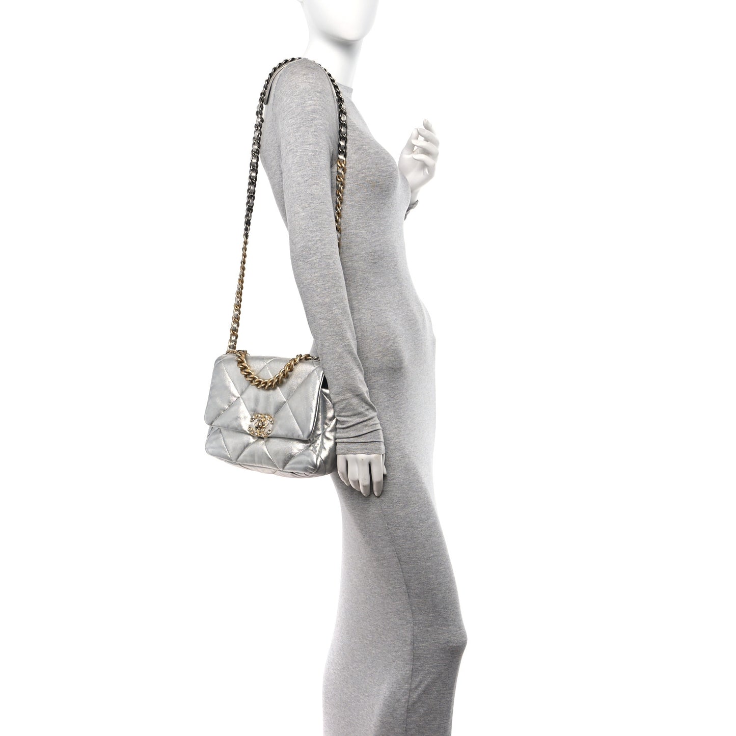 Metallic Lambskin Quilted Medium Chanel 19 Flap Silver
