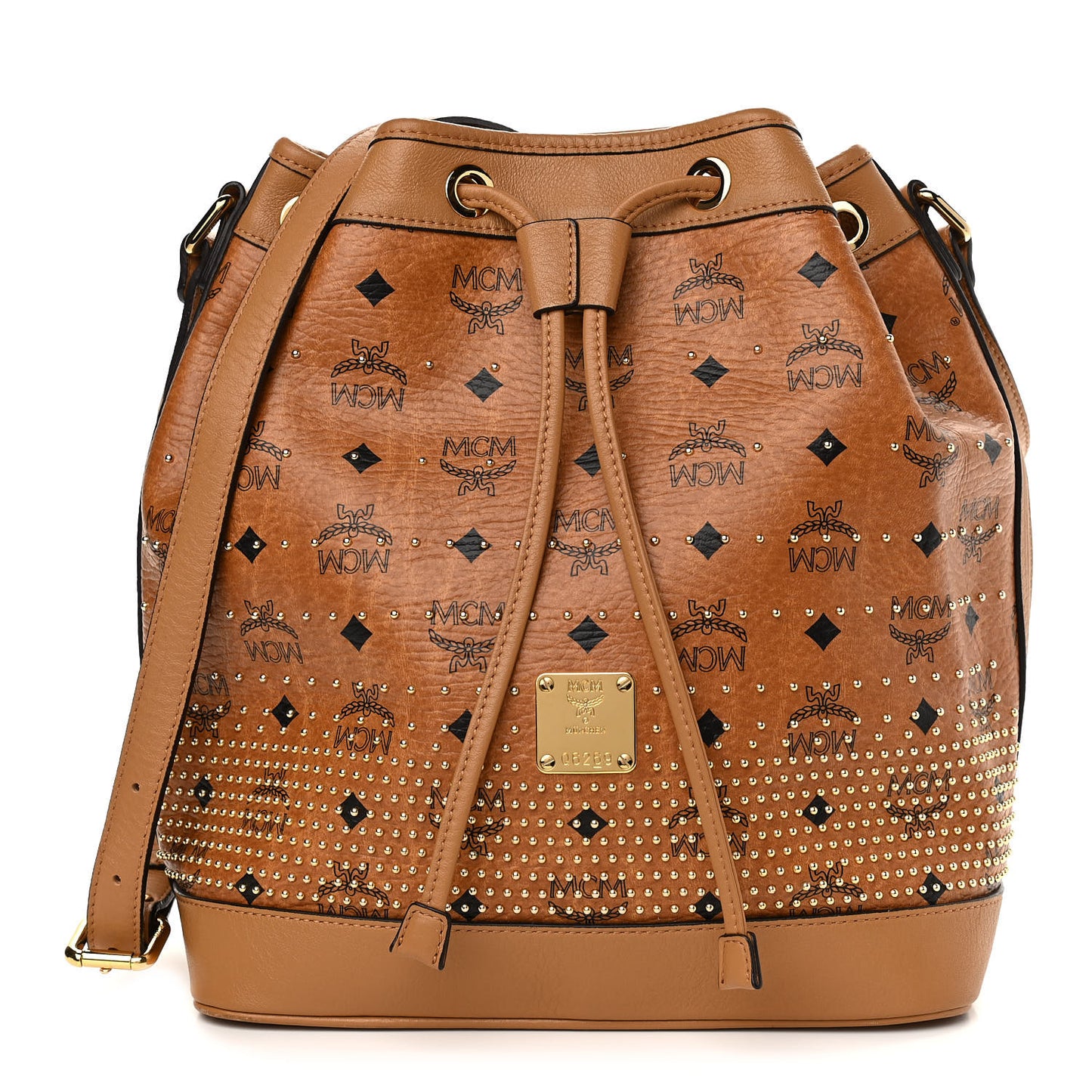 Visetos Heritage Studded Drawstring Bucket Bag Cognac