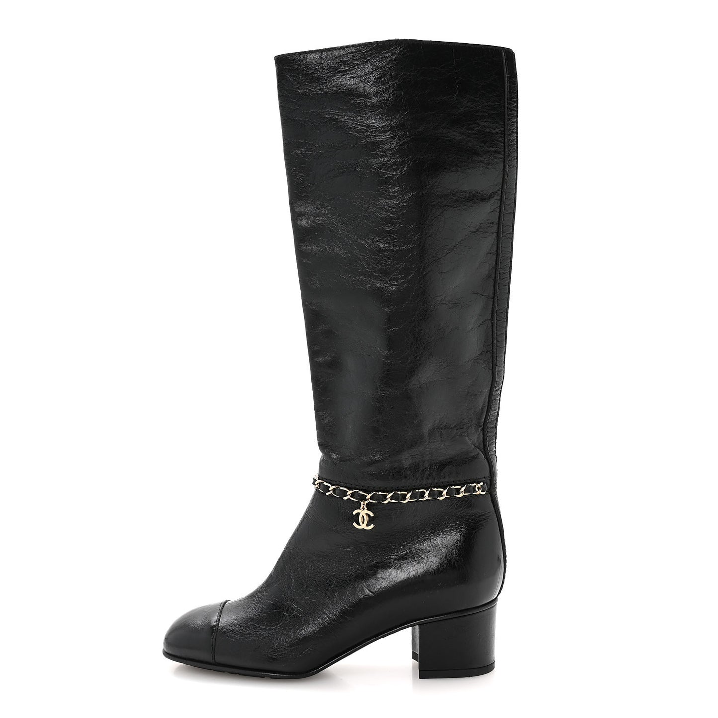 Crumpled Calfskin Cap Toe Chain Boots 36 Black