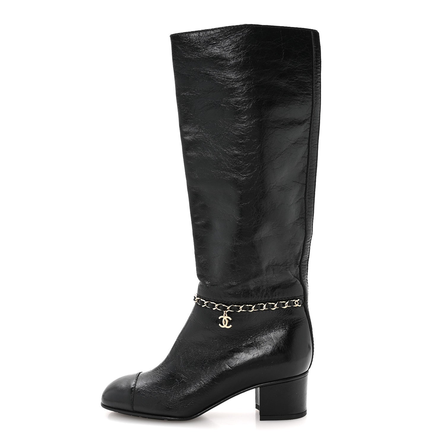 Chanel Crumpled Calfskin Cap Toe Chain Boots 36 Black 1 of 8