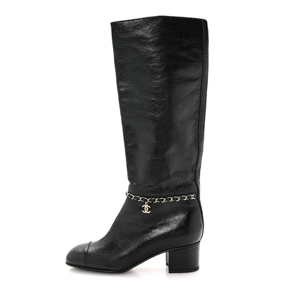 Chanel Crumpled Calfskin Cap Toe Chain Boots 36 Black 1 of 8