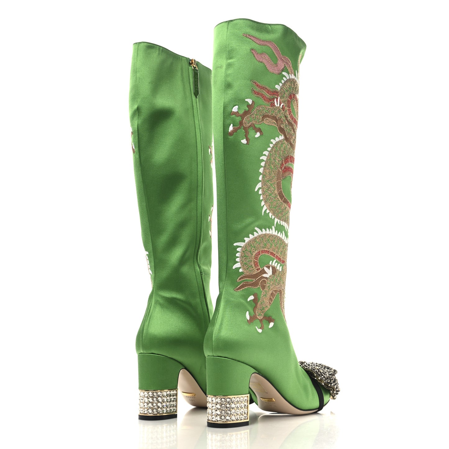 Silk Satin Malaga Kid Embroidered Candy Dragon Block-Heel Knee Boot 40.5 Palm