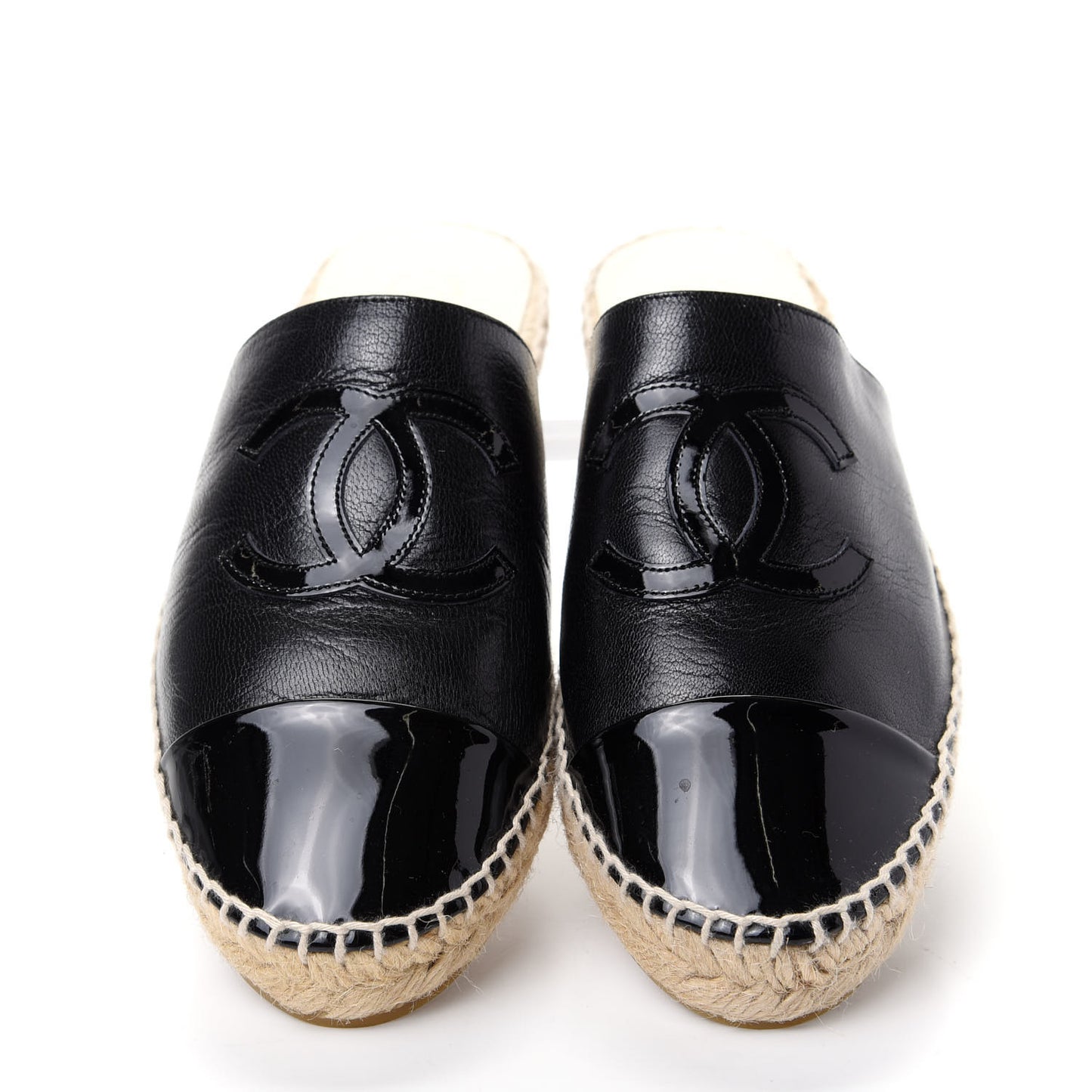 Goatskin Patent Calfskin CC Espadrille Mules 37 Black