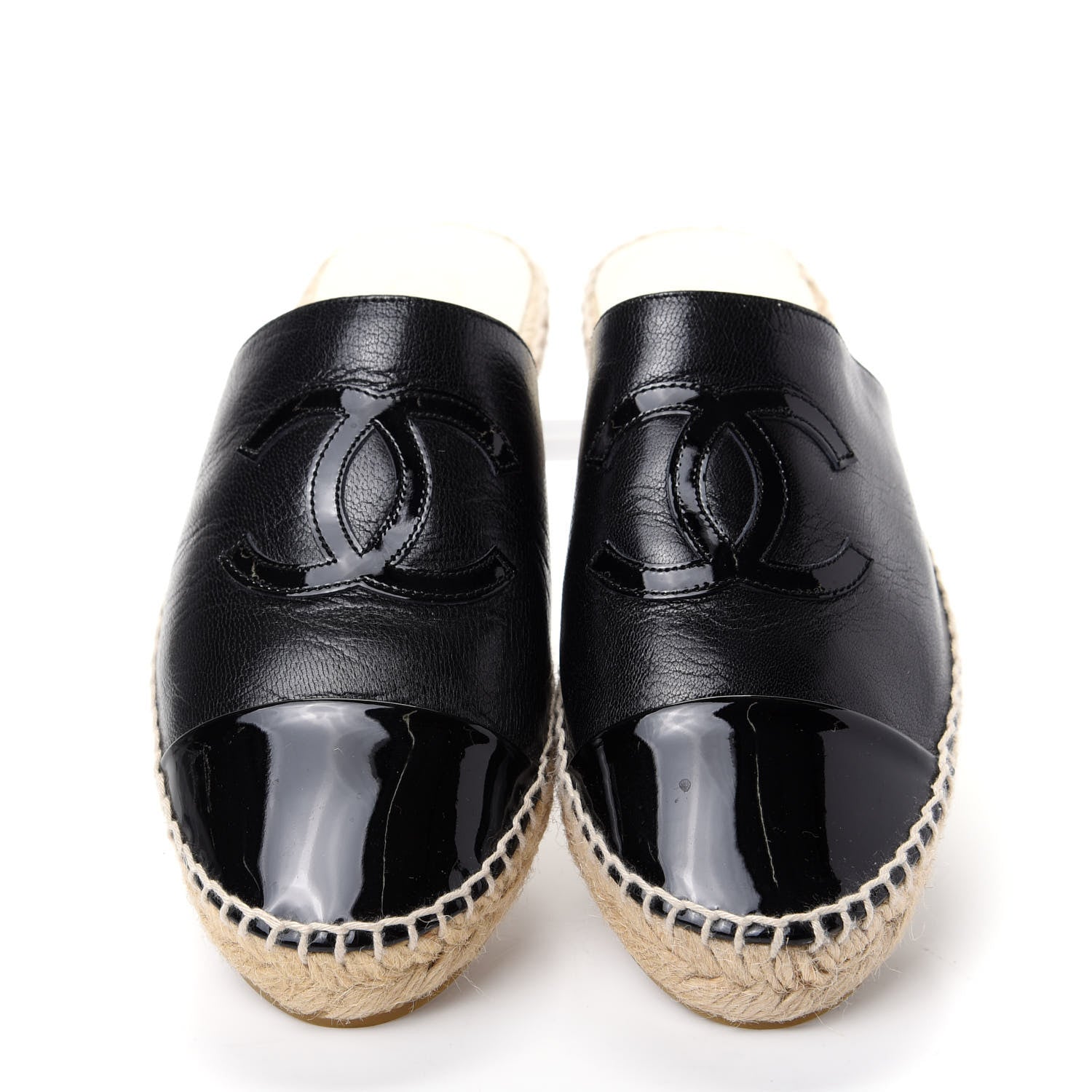 Chanel Goatskin Patent Calfskin CC Espadrille Mules 37 Black 5 of 11