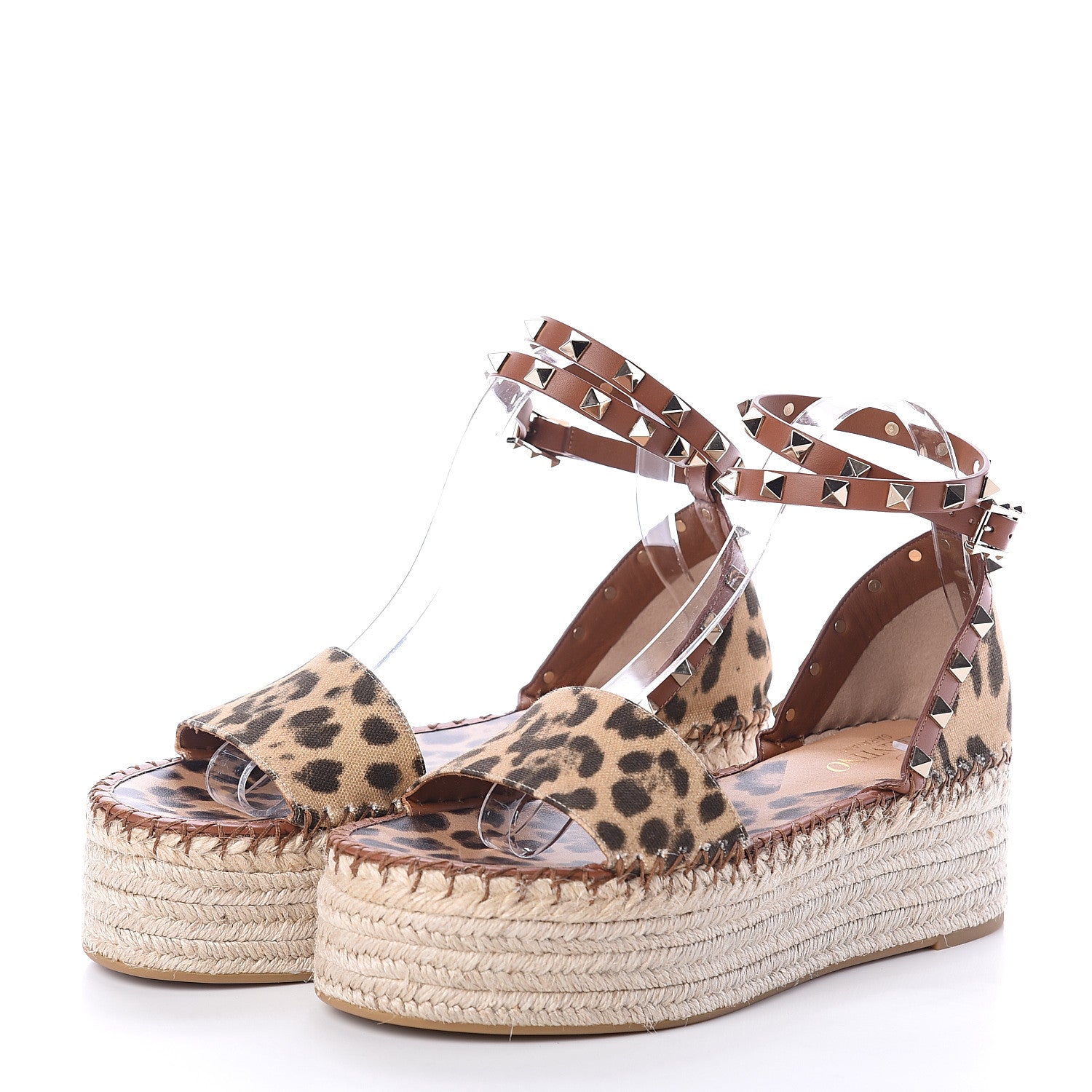 Valentino Garavani Canvas Leopard Print Rockstud Ankle Wrap Espadrille Flatform Sandals 38 Brown 3 of 7