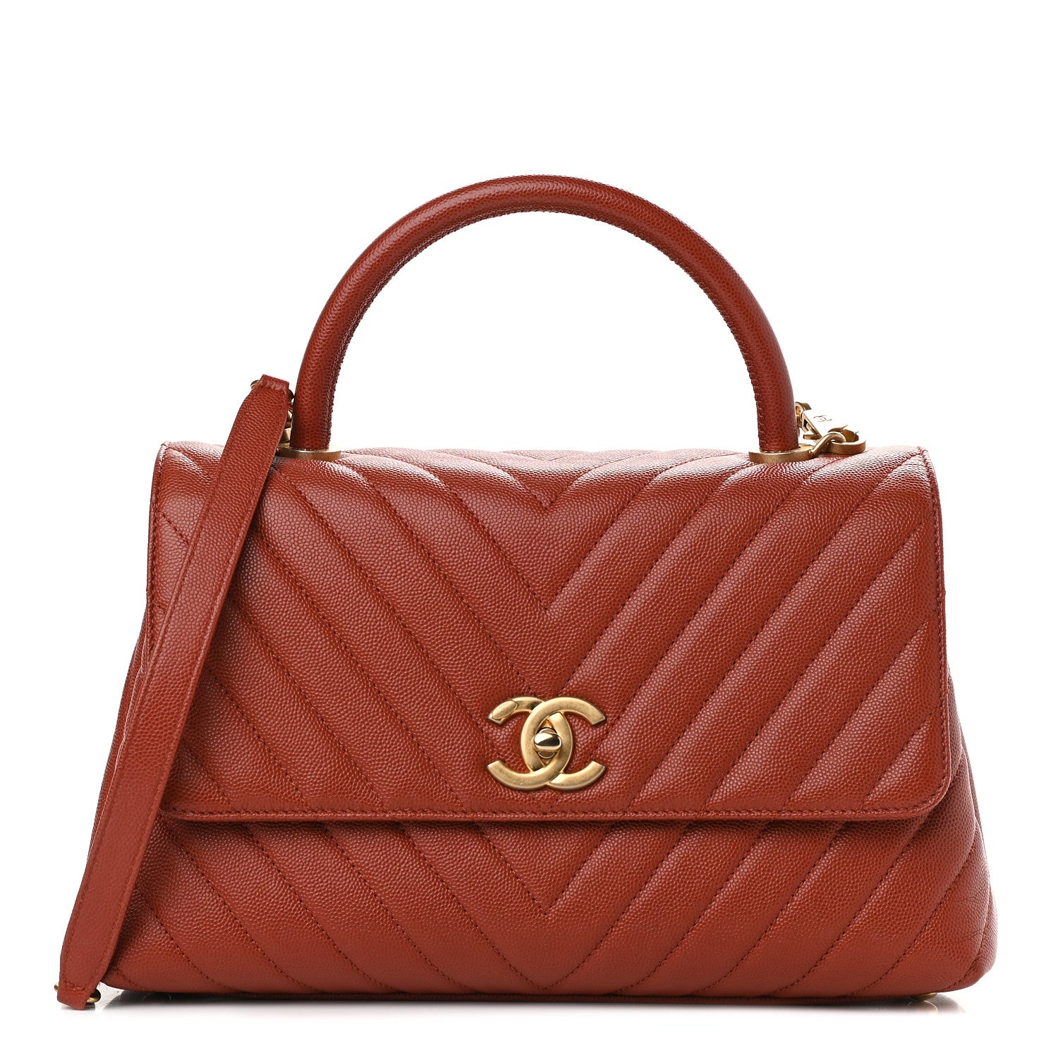 Chanel Caviar Chevron Quilted Small Coco Handle Flap Dark Orange 1 of 9