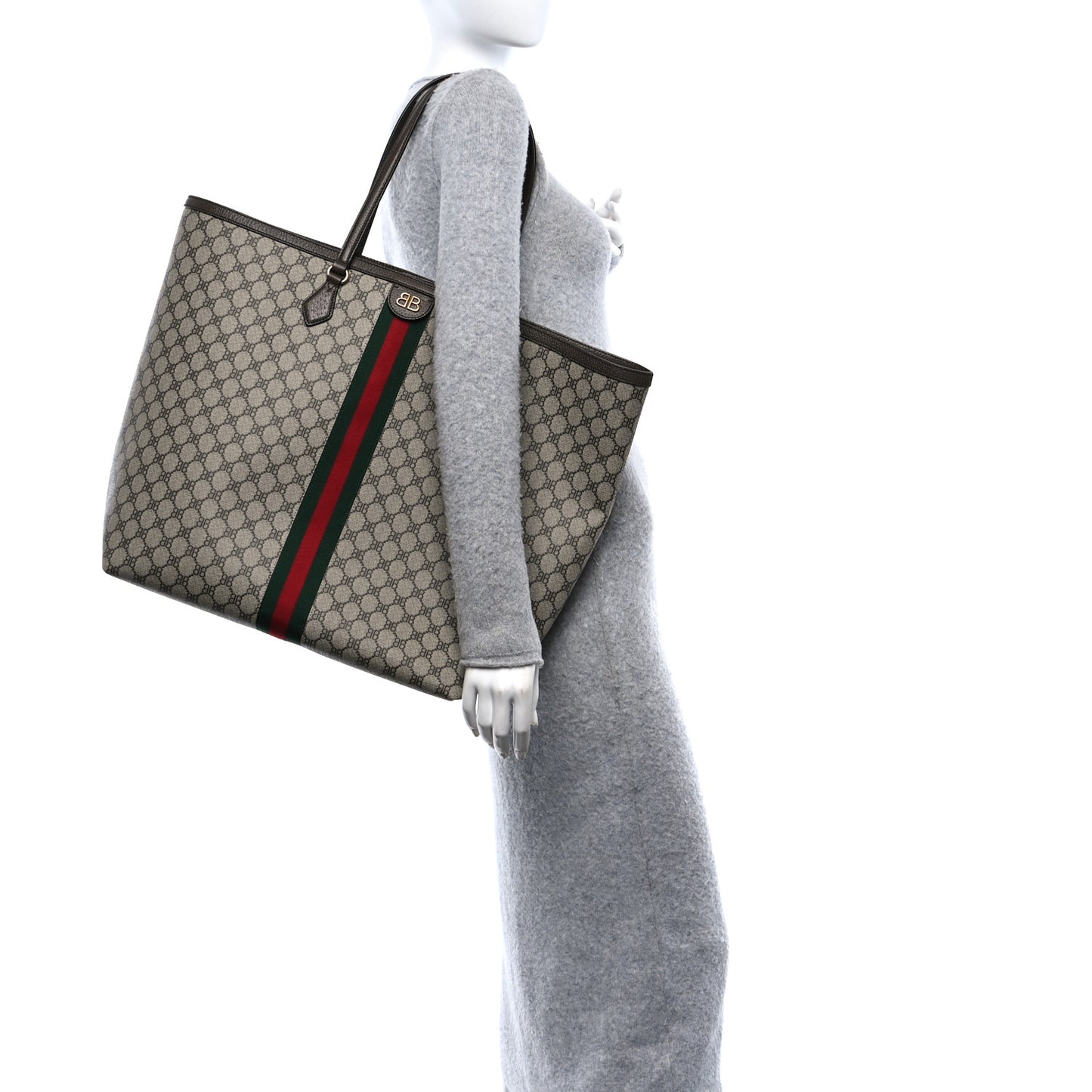X BALENCIAGA BB Supreme Monogram Web Large Ophidia Shopping Tote Beige New Acero