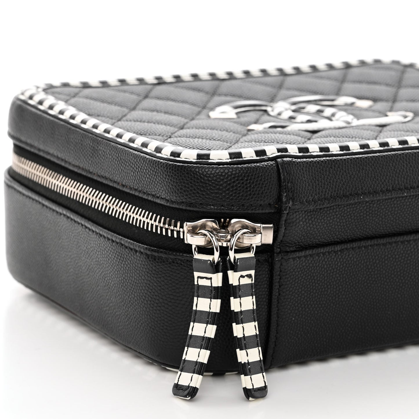 Caviar Quilted Striped Medium CC Filigree Vanity Case Black White