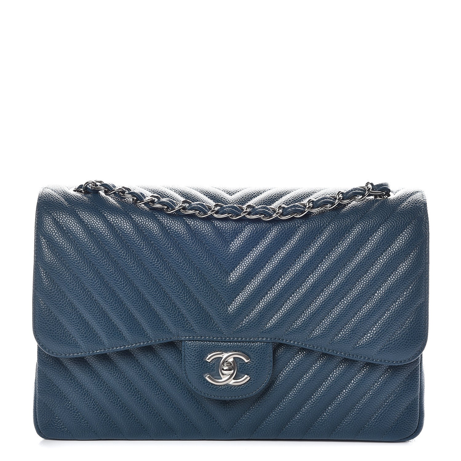 Chanel Caviar Chevron Quilted Jumbo Double Flap Blue 1 of 10