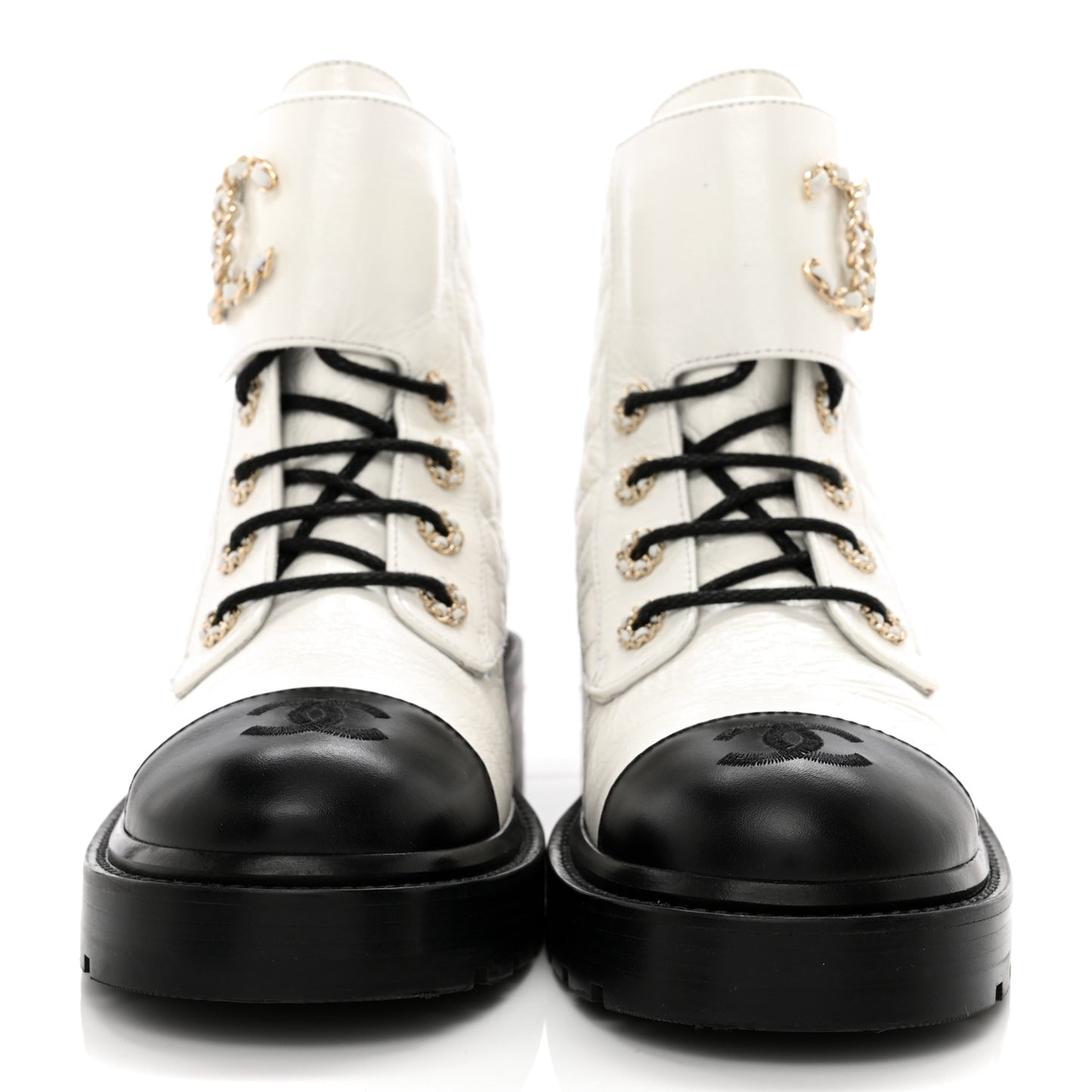 Shiny Goatskin Calfskin Quilted Lace Up Combat Boots 39 White Black