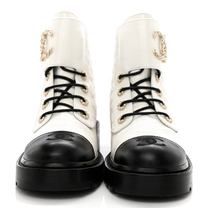 Chanel Shiny Goatskin Calfskin Quilted Lace Up Combat Boots 39 White Black 2 of 10