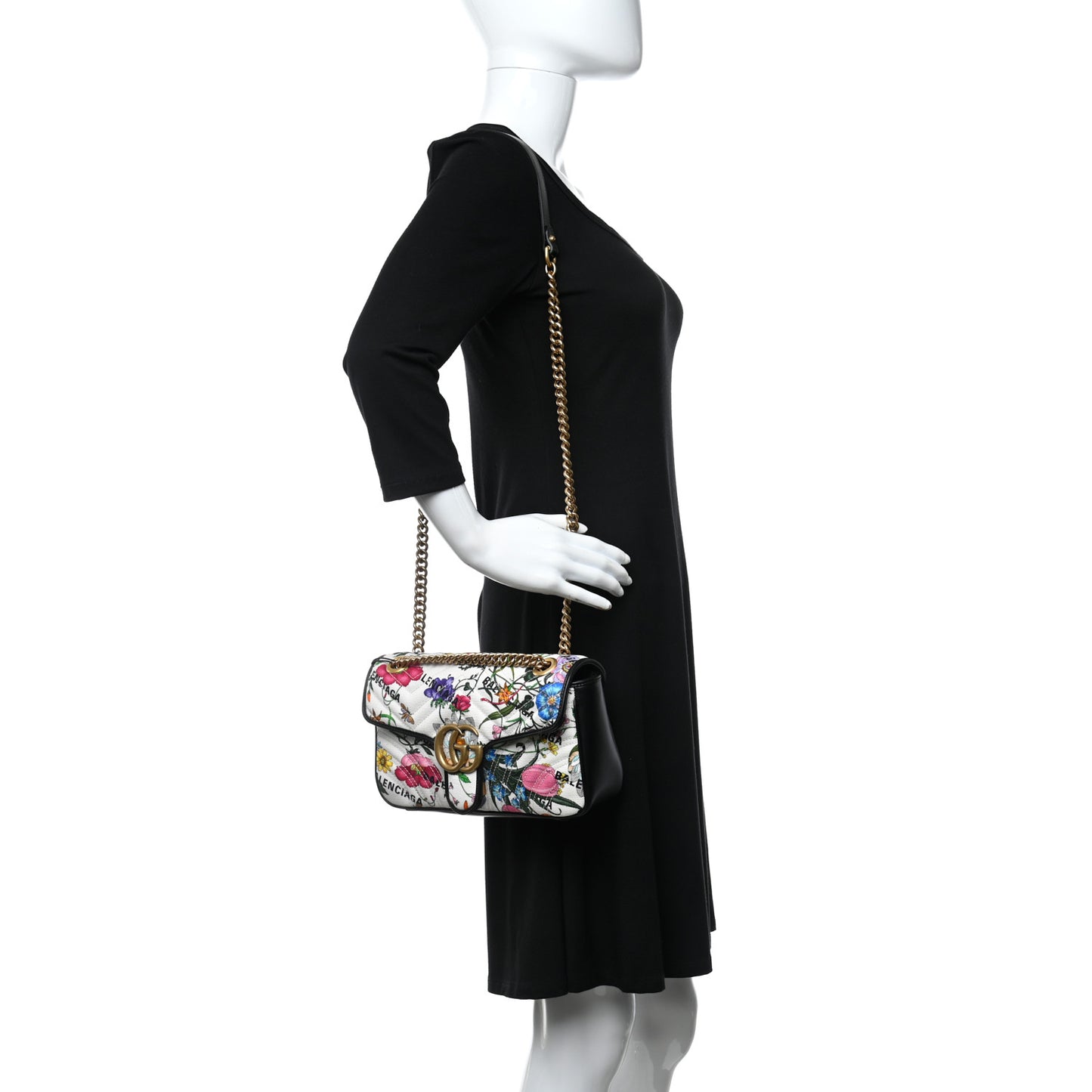 X BALENCIAGA Canvas Flora Logo Print Diagonal Matelasse Small GG Marmont Shoulder Bag White