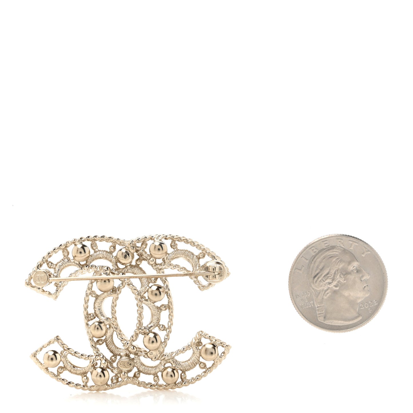 Pearl Chain CC Brooch Gold