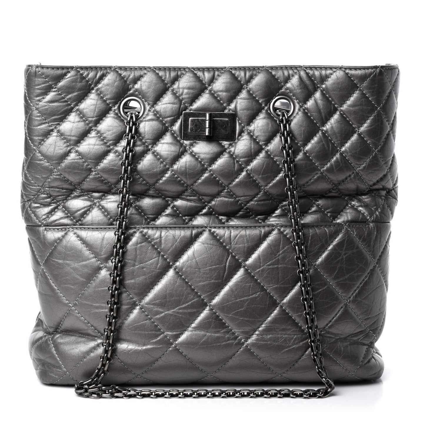 Metallic Aged Calfskin Quilted Reissue 2.55 Tote Dark Grey