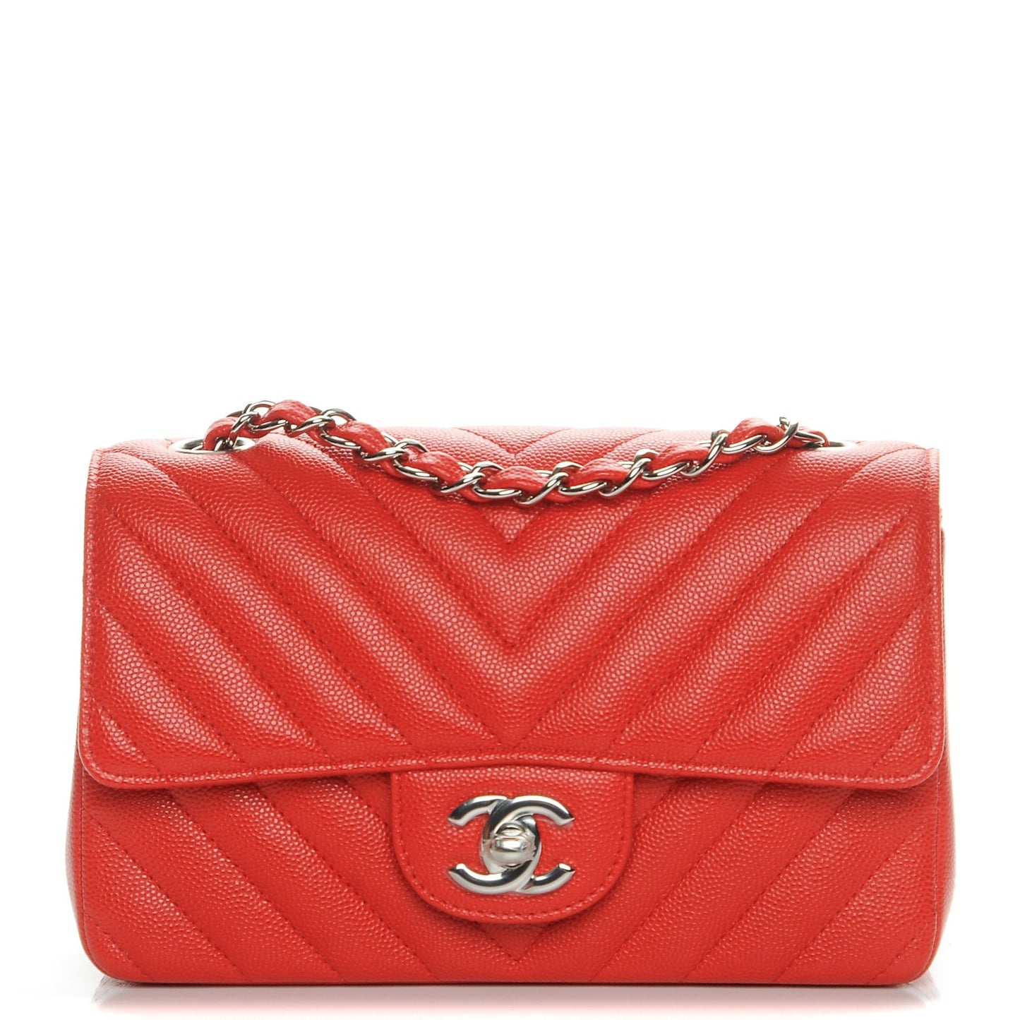 Caviar Chevron Quilted Mini Rectangular Flap Red