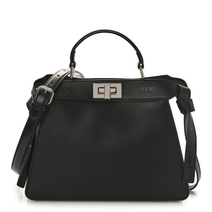 Fendi Vitello Seta Shiny Nappa Logo Embossed Laces Small Peekaboo I SEE U Satchel Black 1 of 8