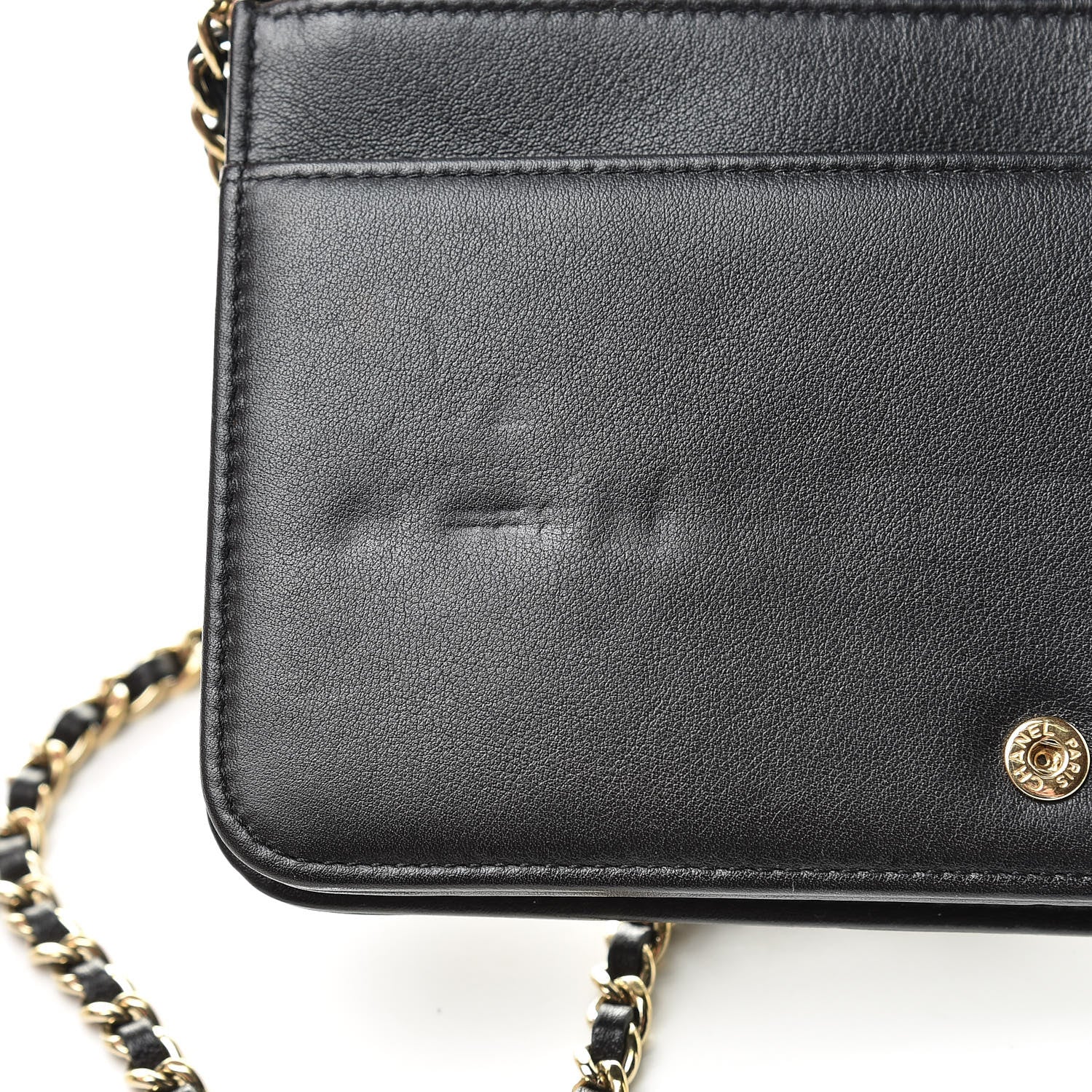 Chanel Metallic Goatskin Lambskin Boy Wallet on Chain WOC Black Gold 13 of 14