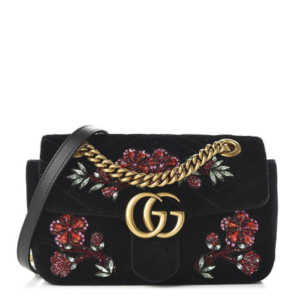 Gucci Velvet Matelasse Embroidered Mini GG Marmont Shoulder Bag Black 1 of 10
