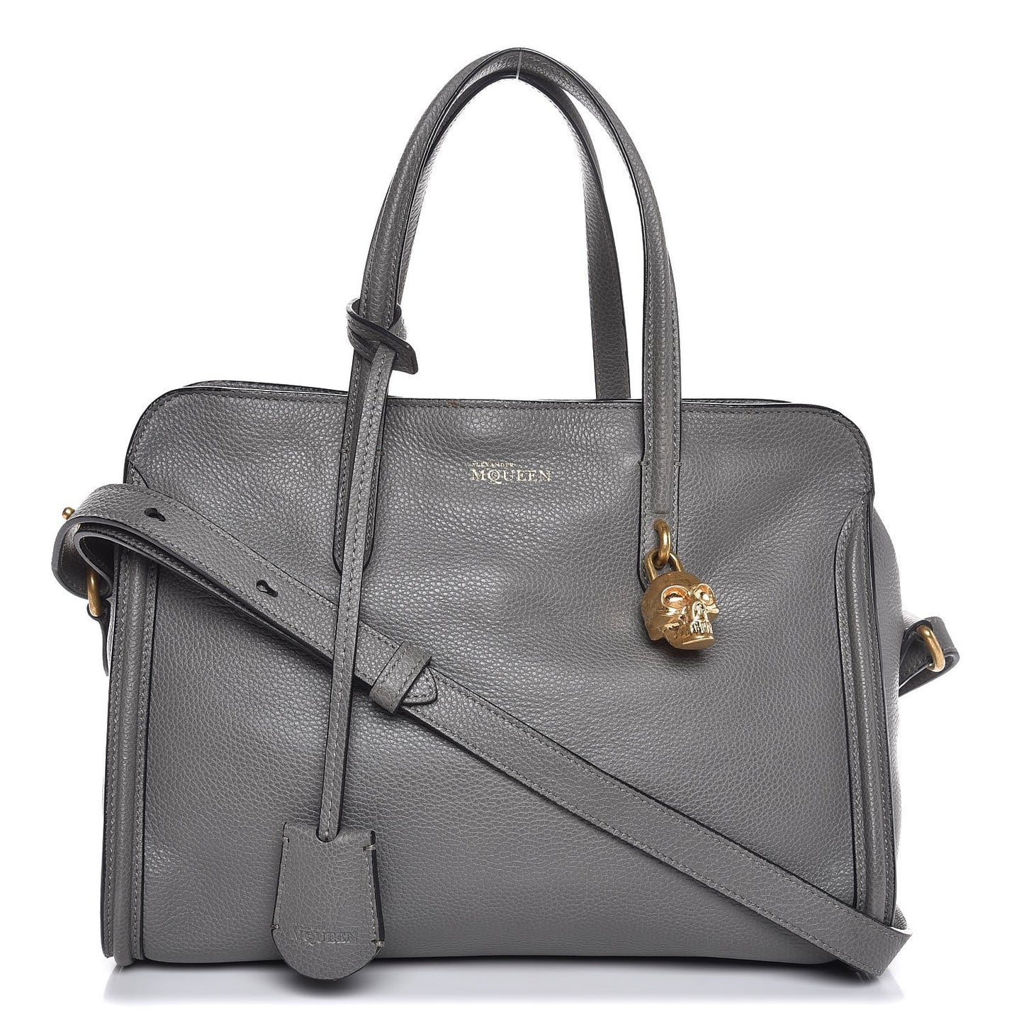 Pebbled Calfskin Small Skull Padlock Zip Around Tote Grey