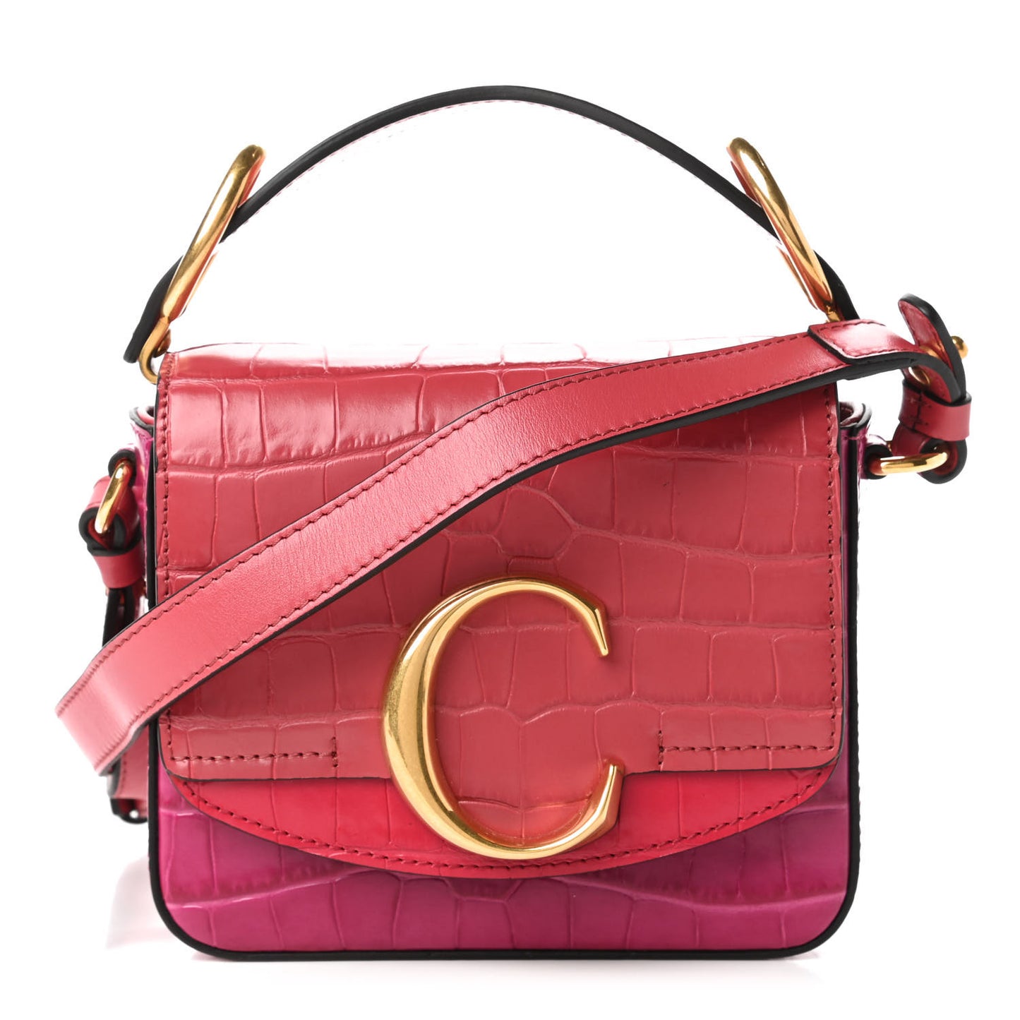 Calfskin Crocodile Embossed Mini C Double Carry Graphic Pink