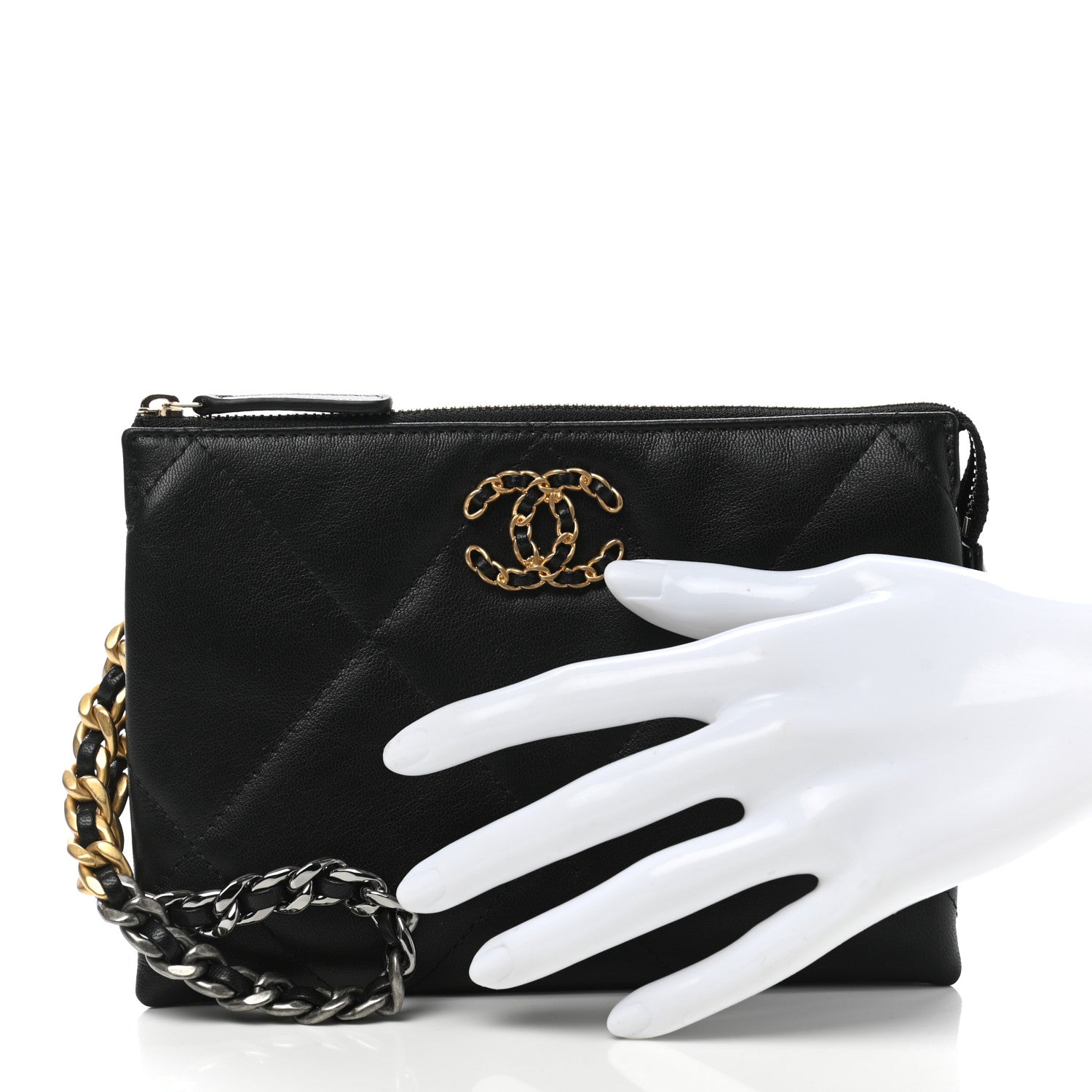 Chanel Shiny Goatskin Quilted Small Chanel 19 Pouch With Handle Black 2 of 7