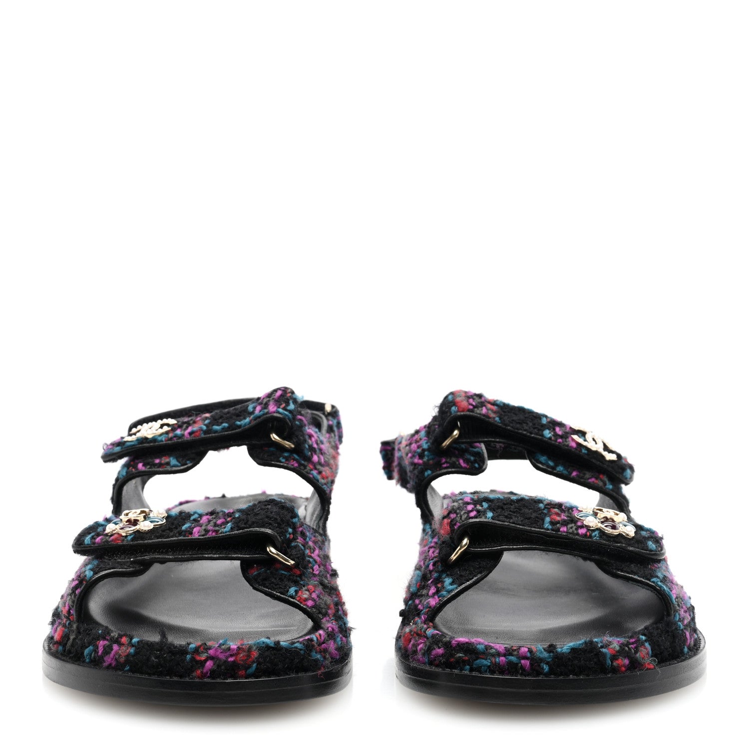 Chanel Wool Tweed Velcro Dad Sandals 39.5 Black Purple Green Red 3 of 9