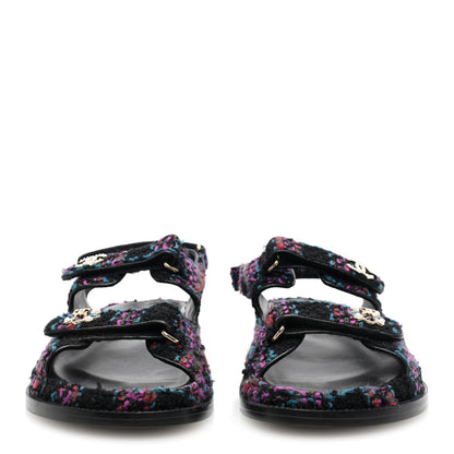 Chanel Wool Tweed Velcro Dad Sandals 39.5 Black Purple Green Red 3 of 9