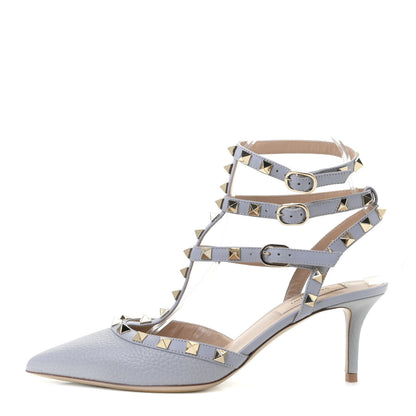 Valentino Garavani Pebbled Calfskin Rockstud Ankle Strap 65mm Pumps 37.5 Pastel Grey 1 of 13