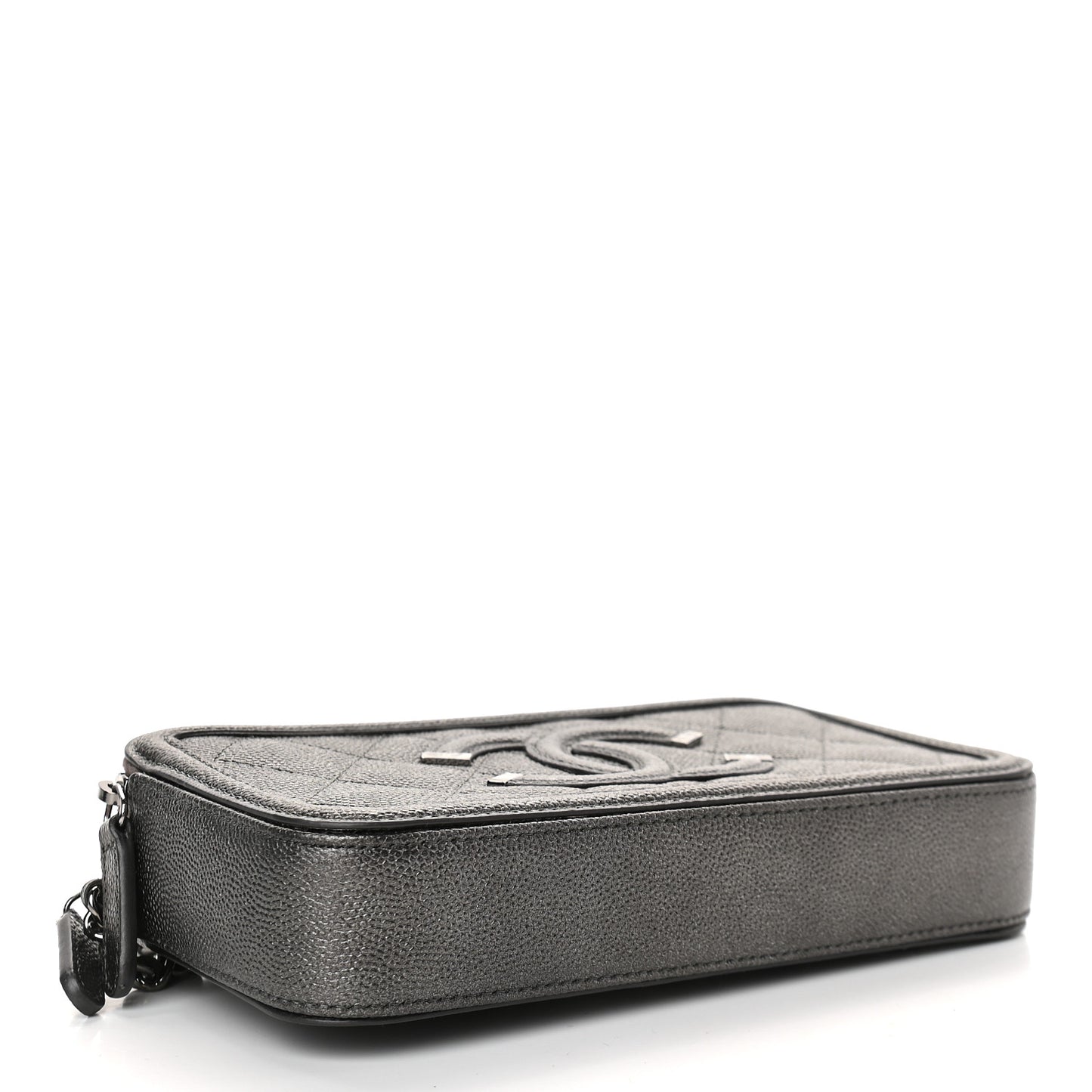 Metallic Caviar Quilted CC Filigree Clutch With Chain Dark Silver