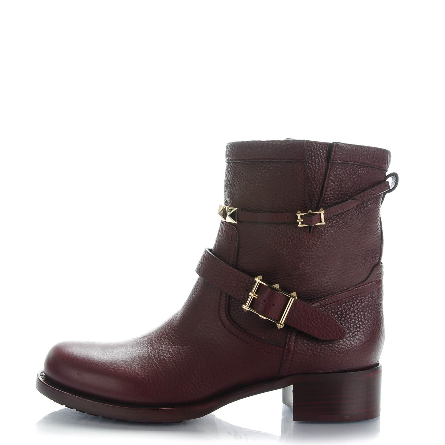 Pebbled Calfskin Rockstud Biker Boots 39.5 Rubin