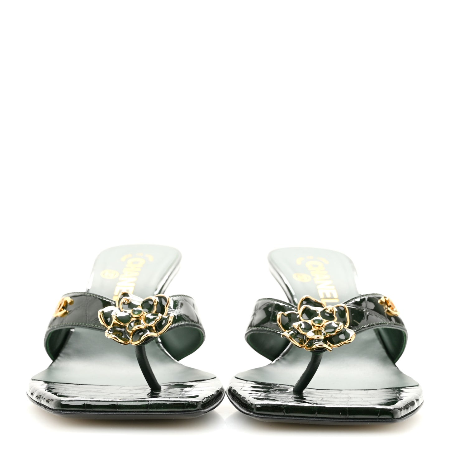 Crocodile Embossed Patent Calfskin Camelia Thong Sandals 37 Dark Green